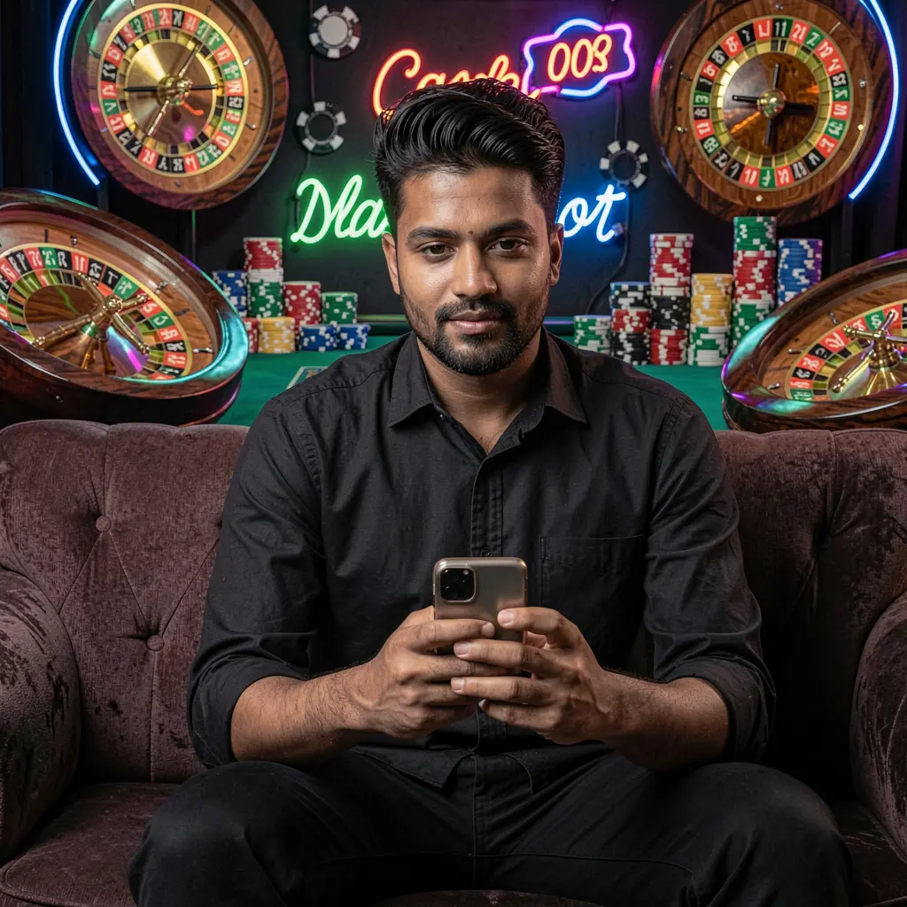 Confident Bangladeshi player using the 9G999 casino app on his phone with glowing roulette wheels and casino chips in the background
