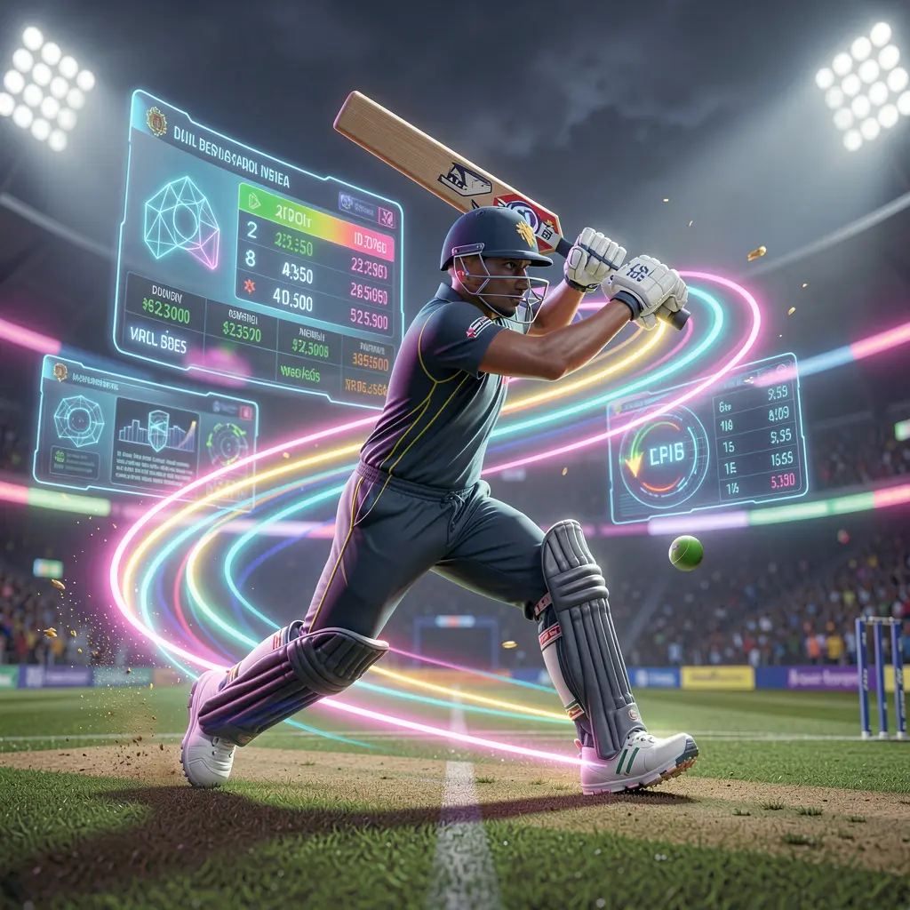 Futuristic cricket player in motion with glowing effects and a holographic betting interface showcasing live cricket betting on 9G999 in Bangladesh
