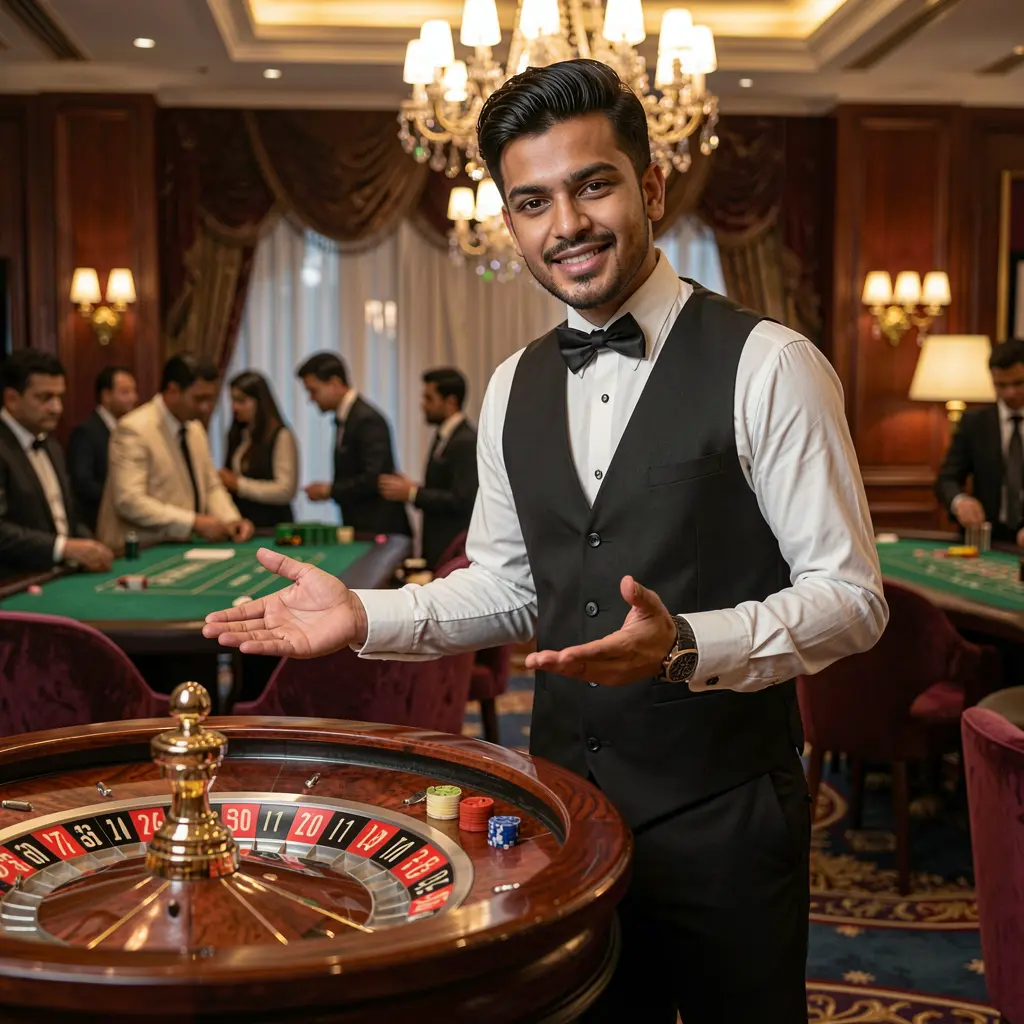 Professional live casino dealer from Bangladesh presenting a roulette table in a luxurious studio on 9G999 casino platform