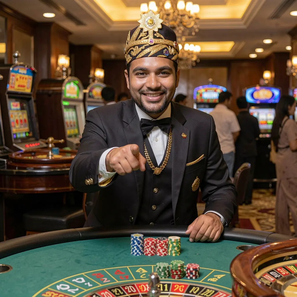 Confident Bangladeshi casino dealer pointing forward in a luxury gaming environment inviting users to log in to 9G999